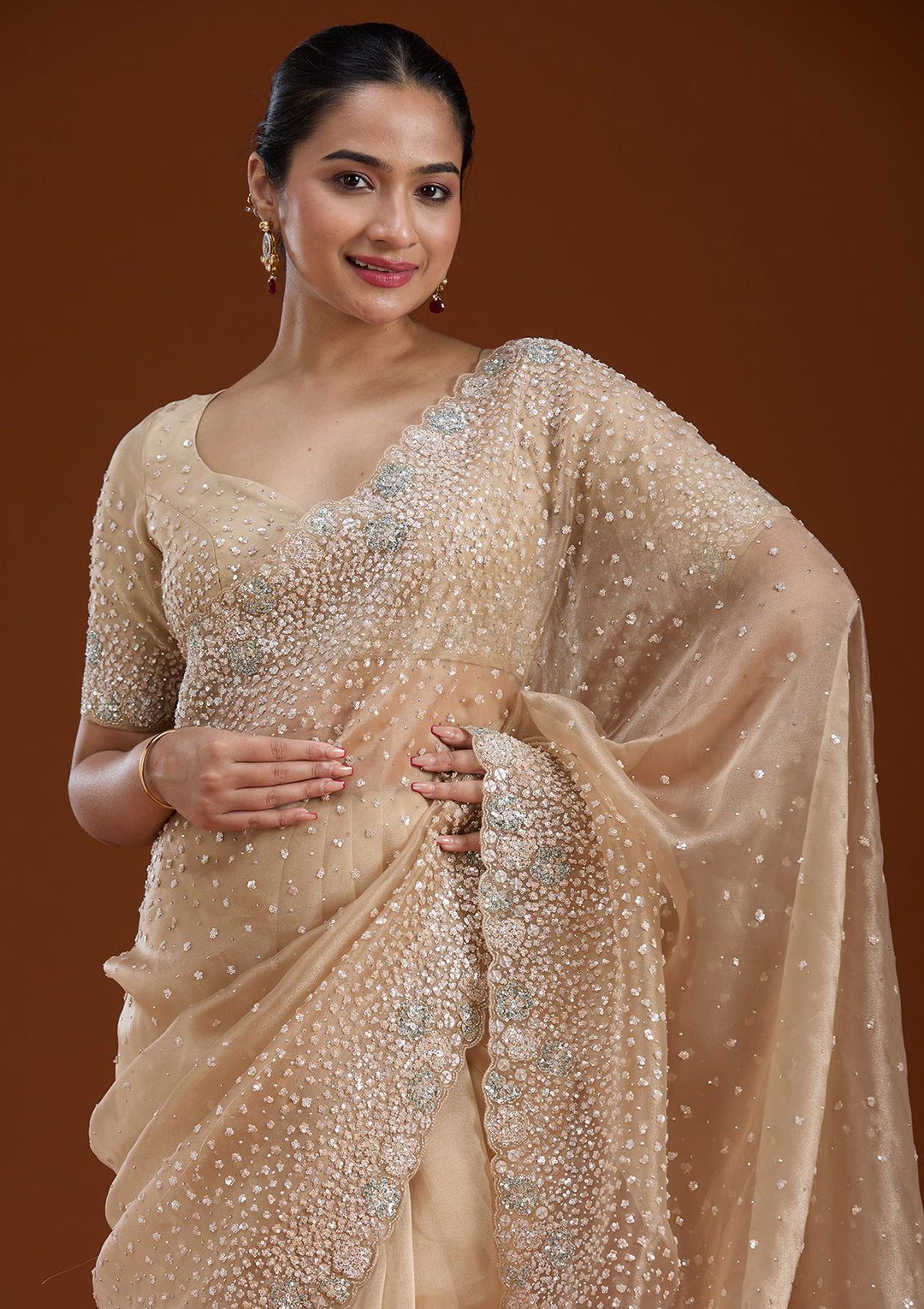 Beige Sequins Tissue Saree