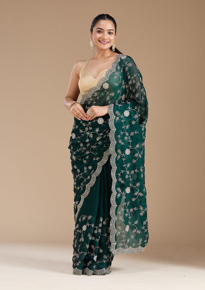 Bottle Green Zariwork (Gold) Georgette Saree
