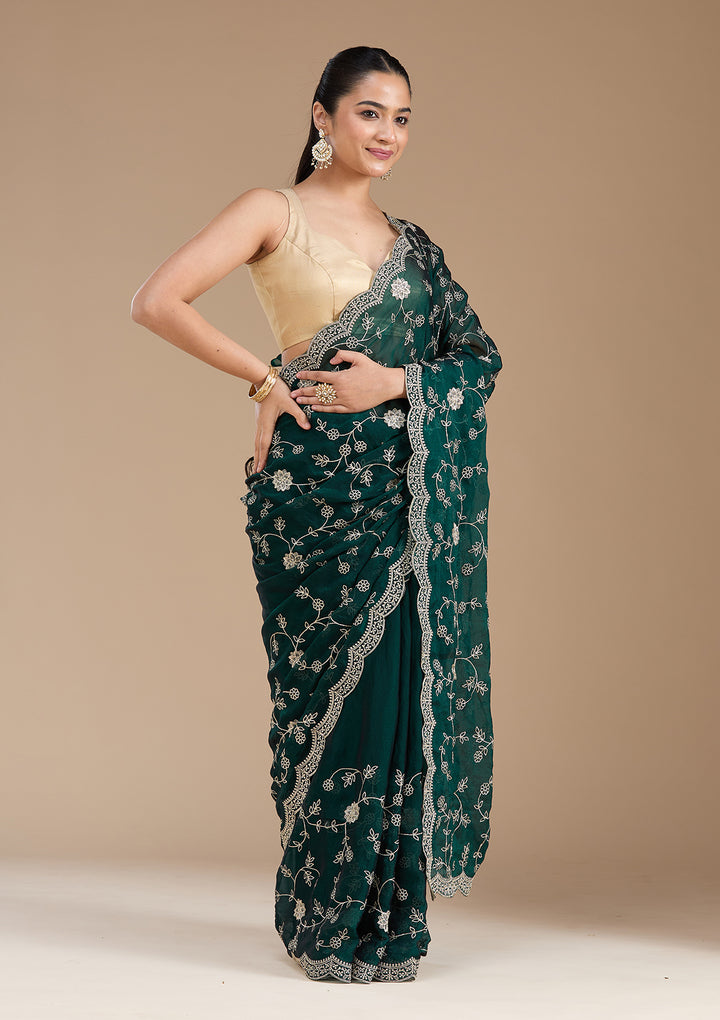 Bottle Green Zariwork (Gold) Georgette Saree