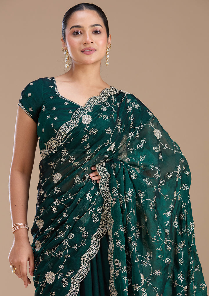 Bottle Green Zariwork (Gold) Georgette Saree