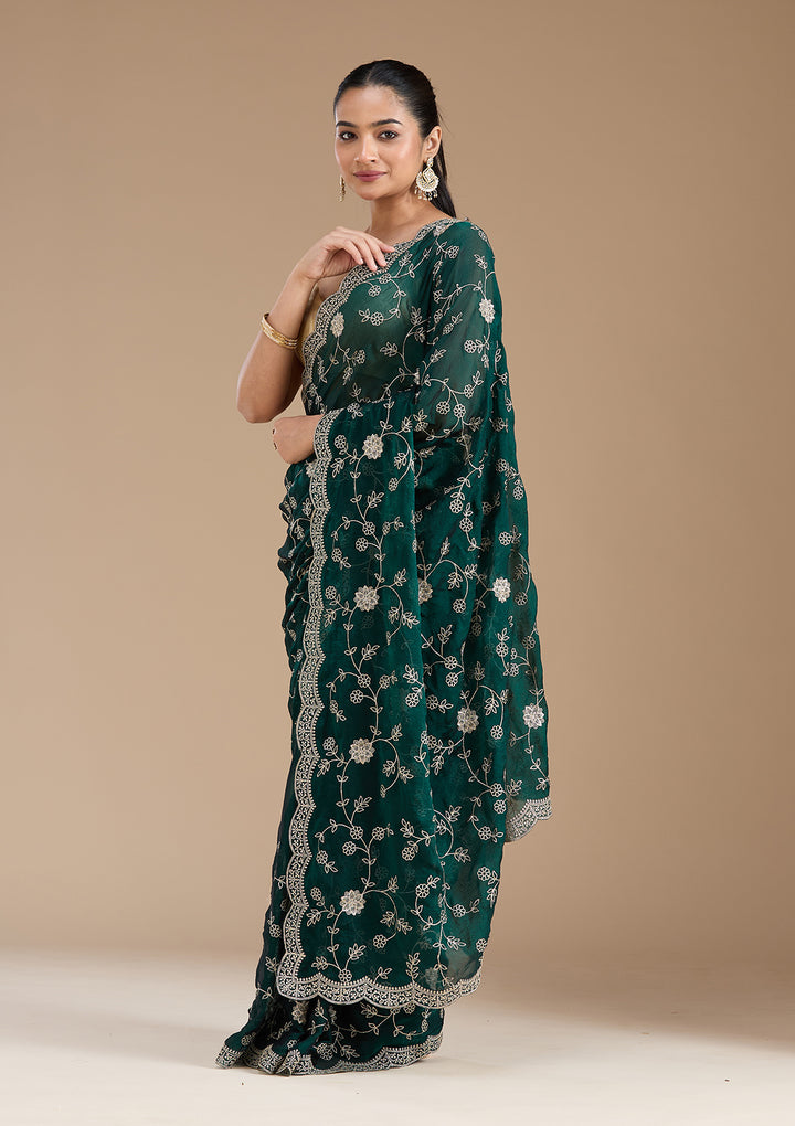 Bottle Green Zariwork (Gold) Georgette Saree