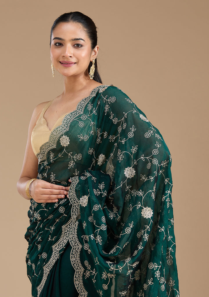 Bottle Green Zariwork (Gold) Georgette Saree