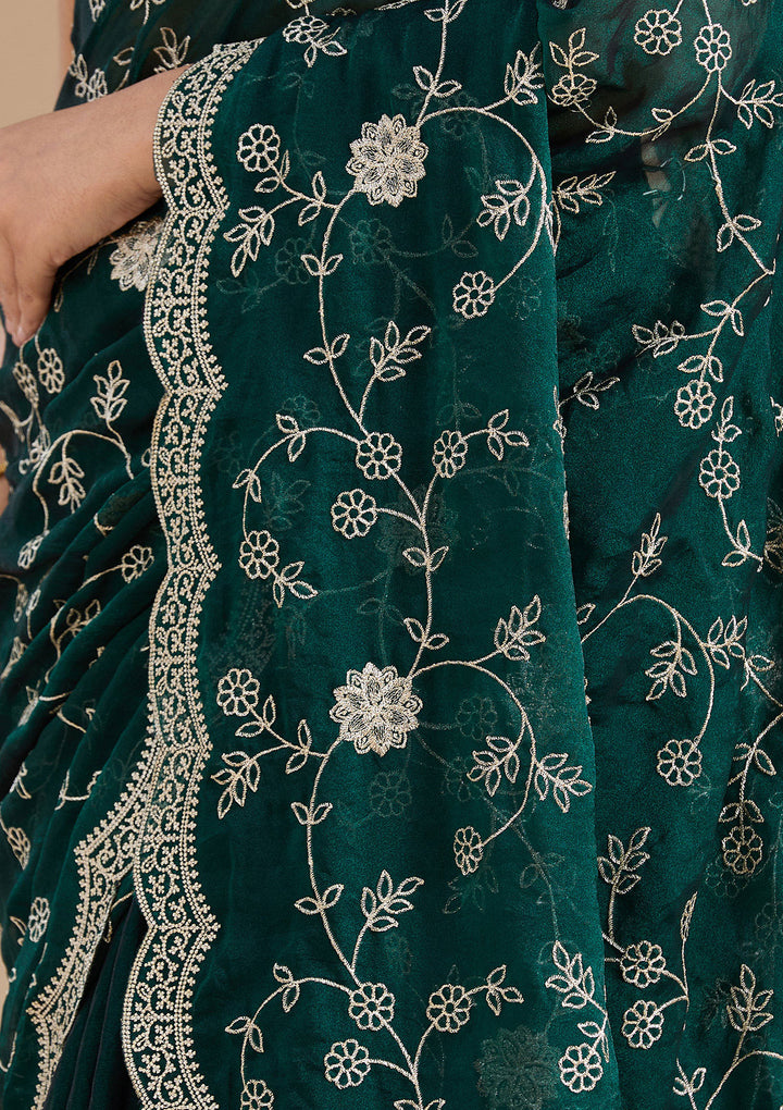 Bottle Green Zariwork (Gold) Georgette Saree