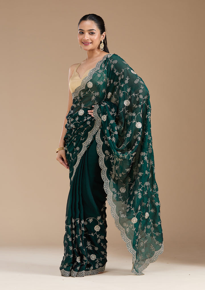 Bottle Green Zariwork (Gold) Georgette Saree