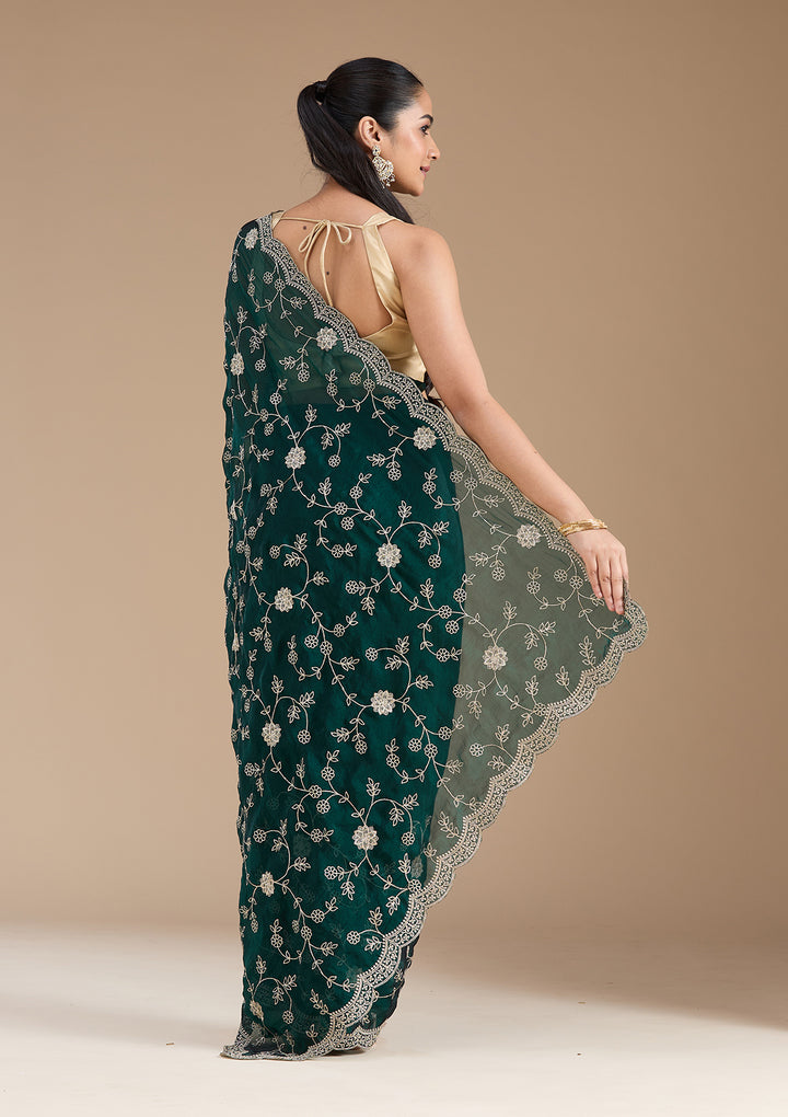 Bottle Green Zariwork (Gold) Georgette Saree