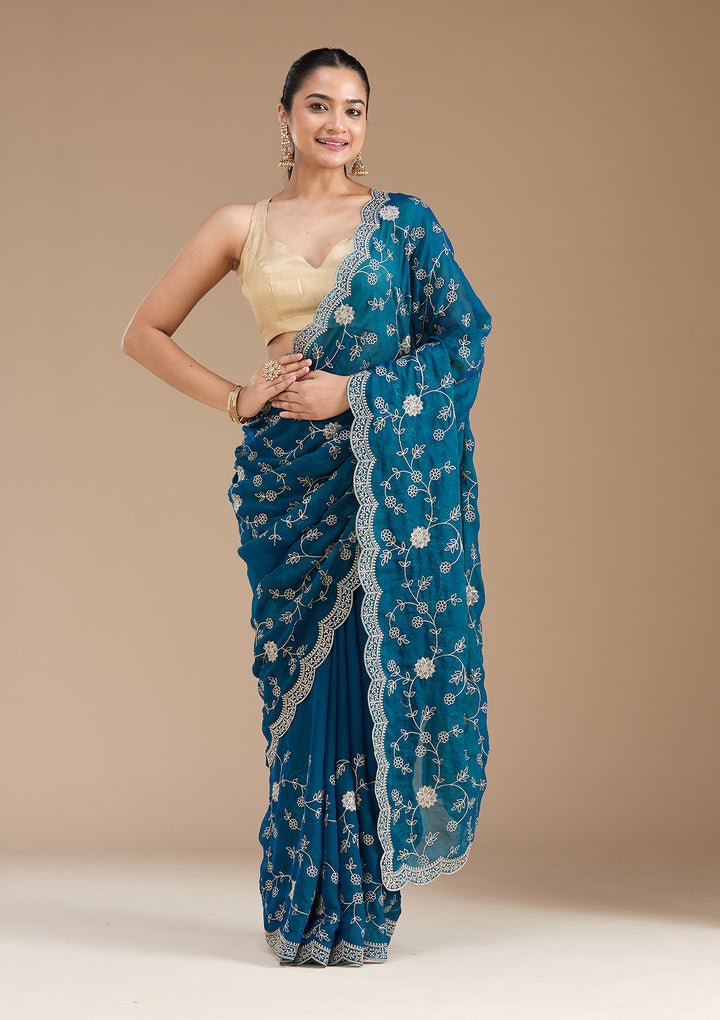 Peacock Blue Zariwork (Gold) Georgette Saree