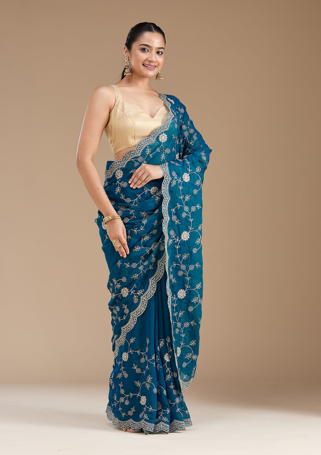 Peacock Blue Zariwork (Gold) Georgette Saree