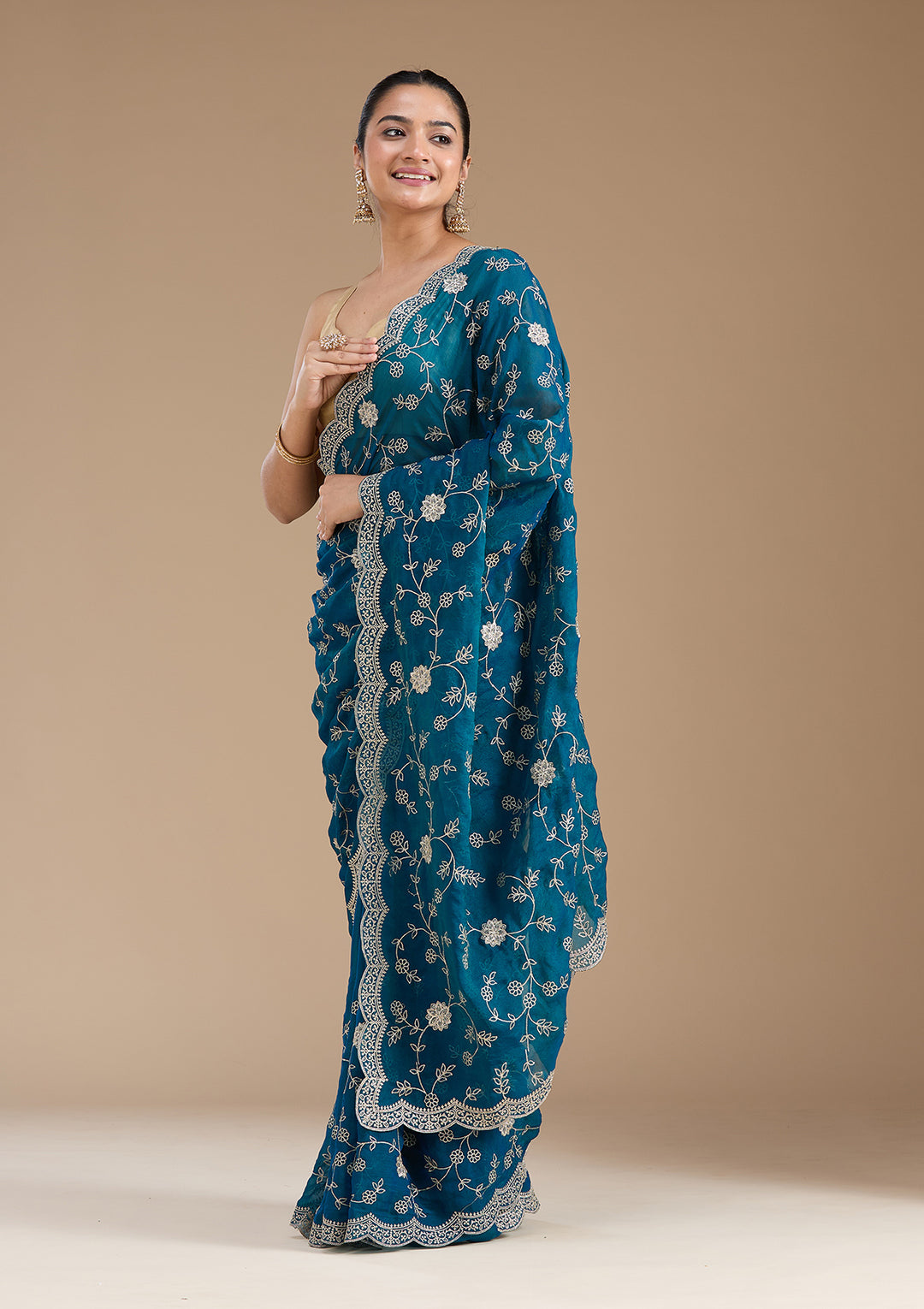 Peacock Blue Zariwork (Gold) Georgette Saree