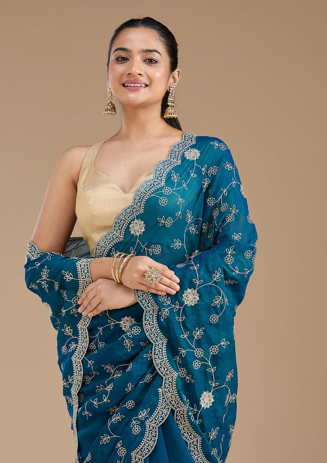 Peacock Blue Zariwork (Gold) Georgette Saree