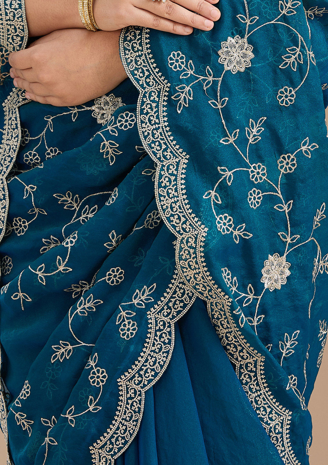 Peacock Blue Zariwork (Gold) Georgette Saree