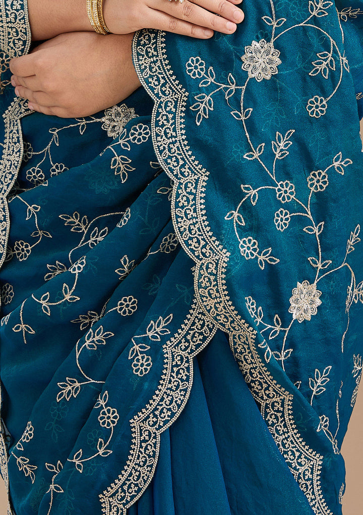 Peacock Blue Zariwork (Gold) Georgette Saree