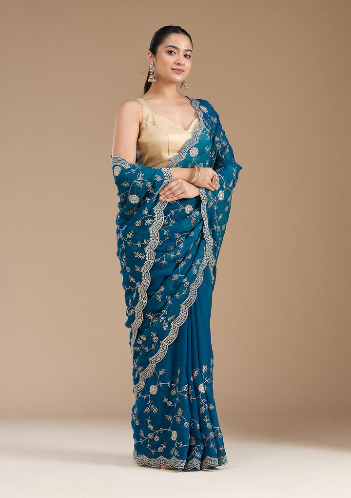 Peacock Blue Zariwork (Gold) Georgette Saree