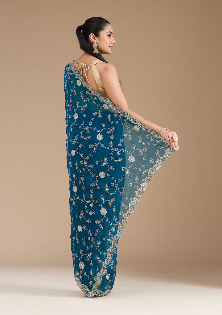 Peacock Blue Zariwork (Gold) Georgette Saree