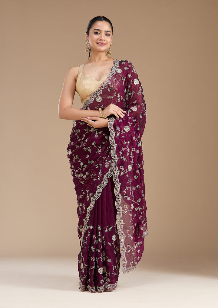 Wine Zariwork (Gold) Georgette Saree