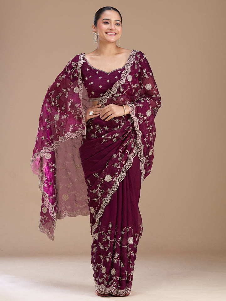 Wine Zariwork (Gold) Georgette Saree