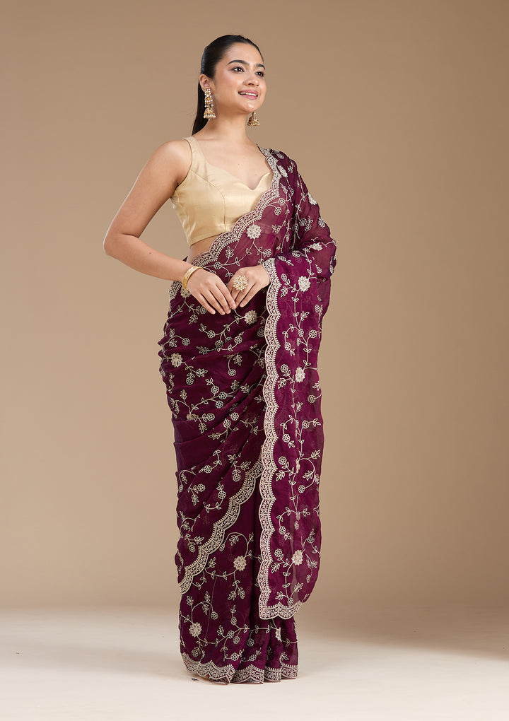 Wine Zariwork (Gold) Georgette Saree