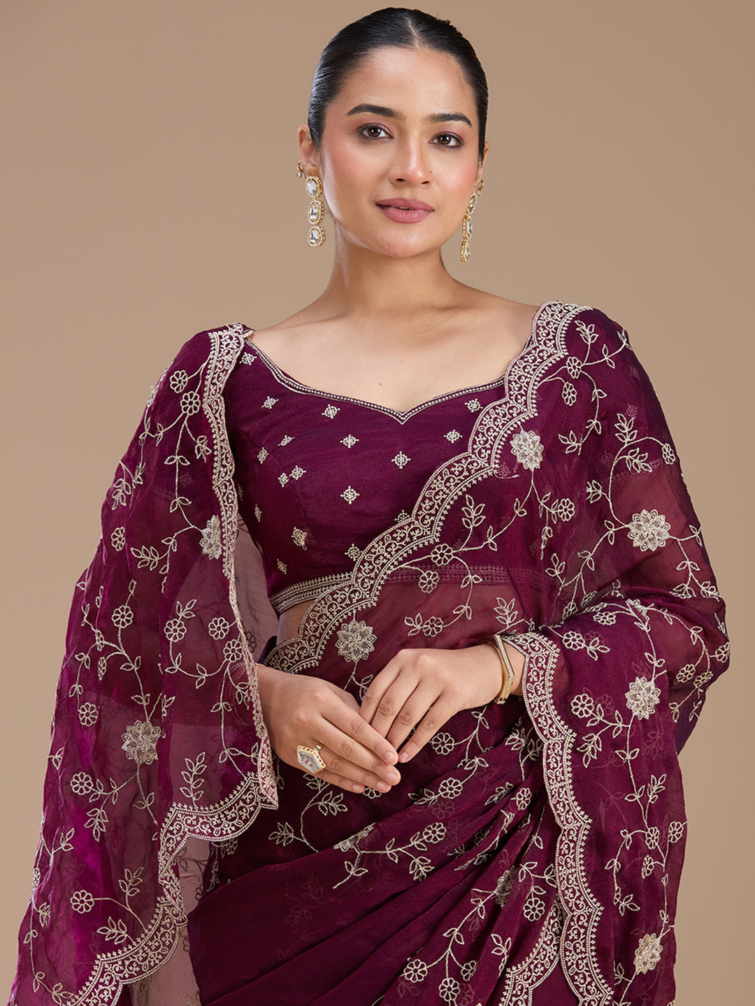 Wine Zariwork (Gold) Georgette Saree