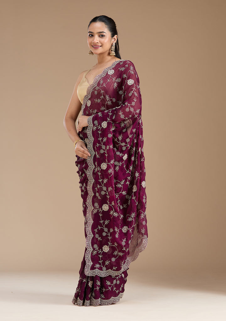 Wine Zariwork (Gold) Georgette Saree