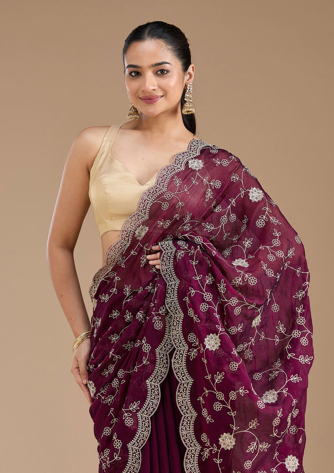 Wine Zariwork (Gold) Georgette Saree