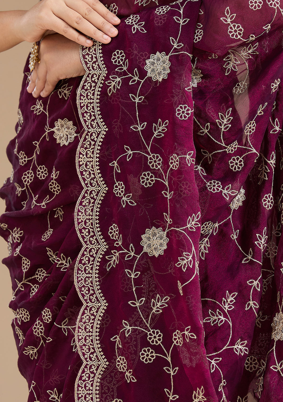 Wine Zariwork (Gold) Georgette Saree
