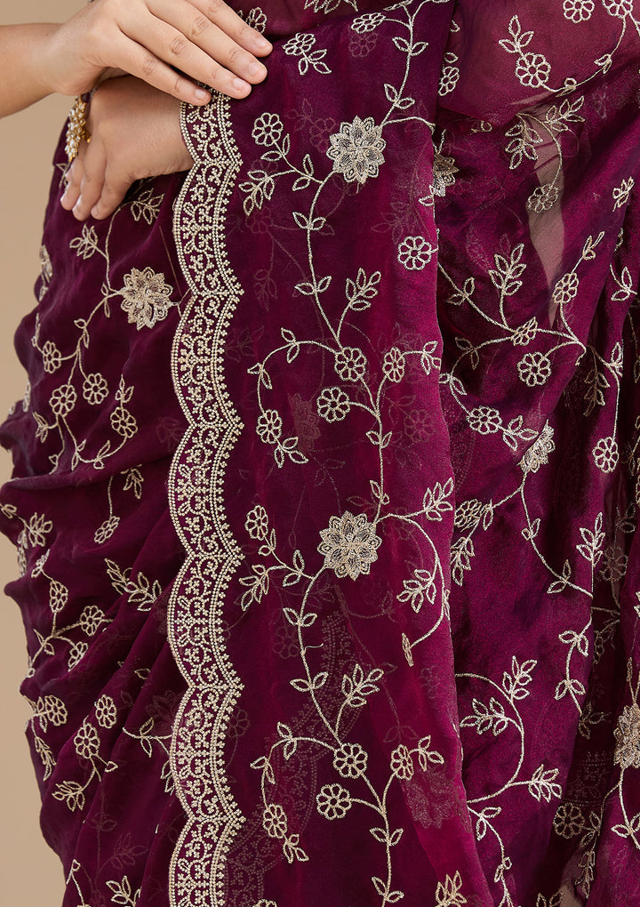 Wine Zariwork (Gold) Georgette Saree