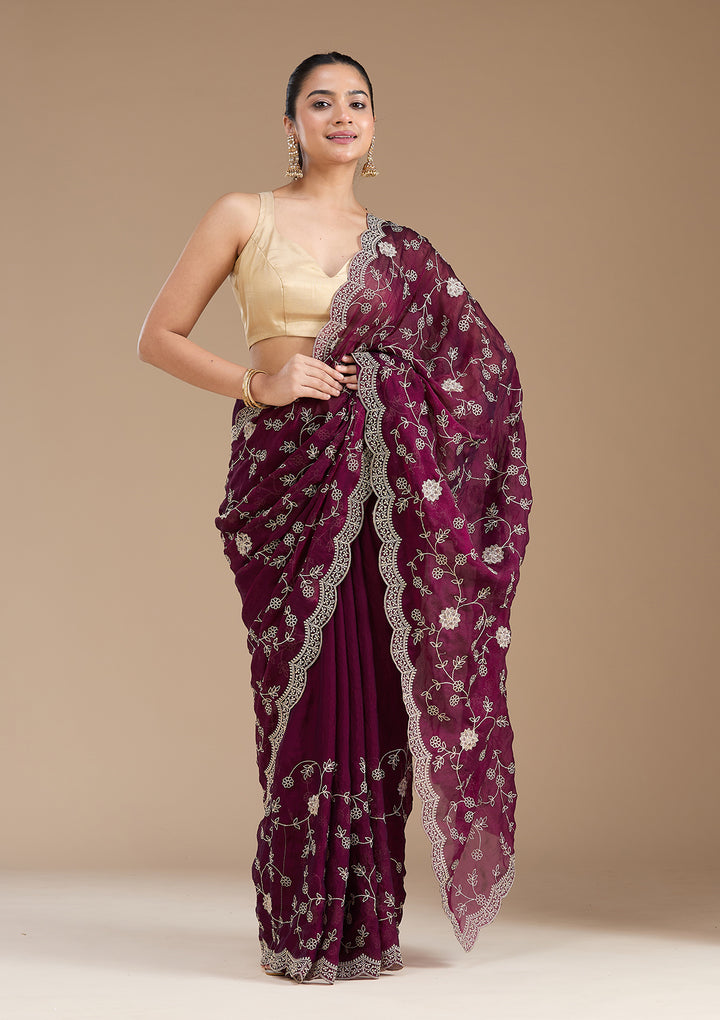 Wine Zariwork (Gold) Georgette Saree