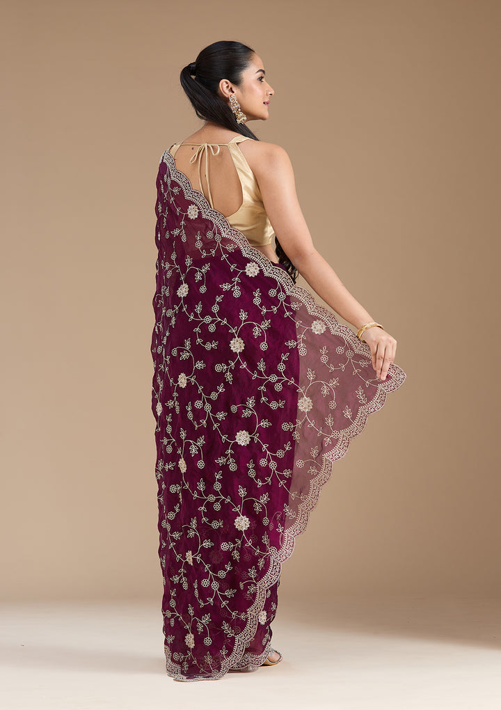 Wine Zariwork (Gold) Georgette Saree
