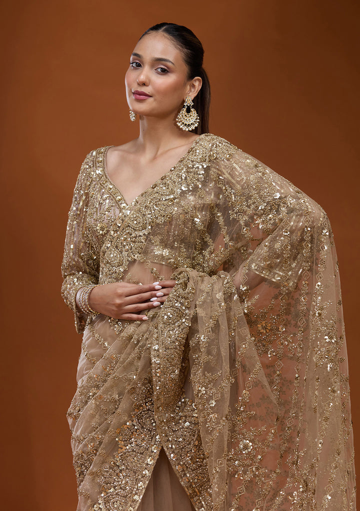 Beige Cording Net Saree