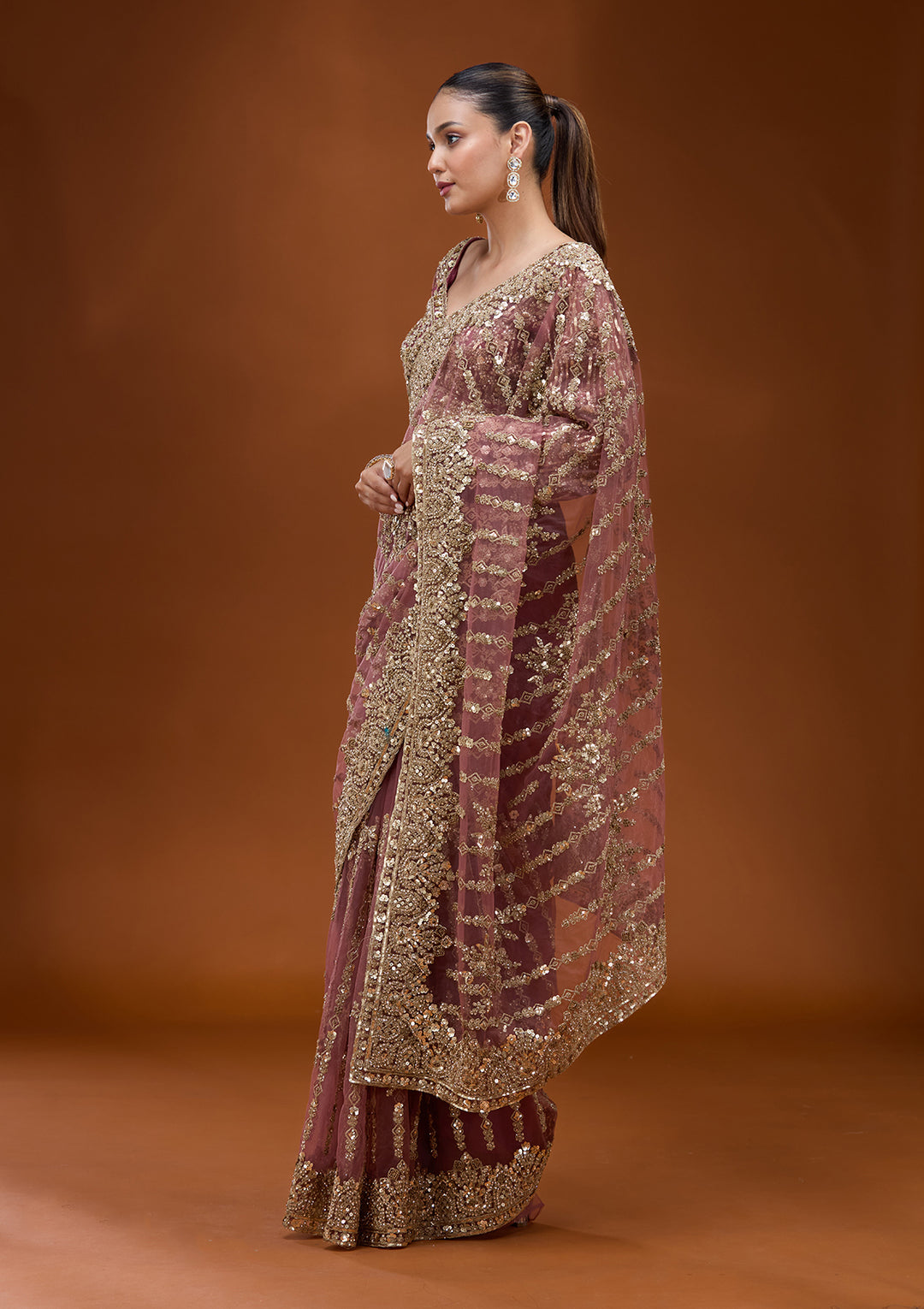 Onion Pink Cording Net Saree