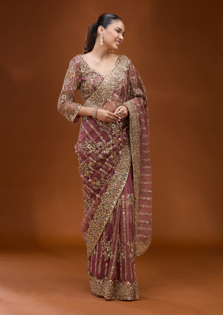 Onion Pink Cording Net Saree