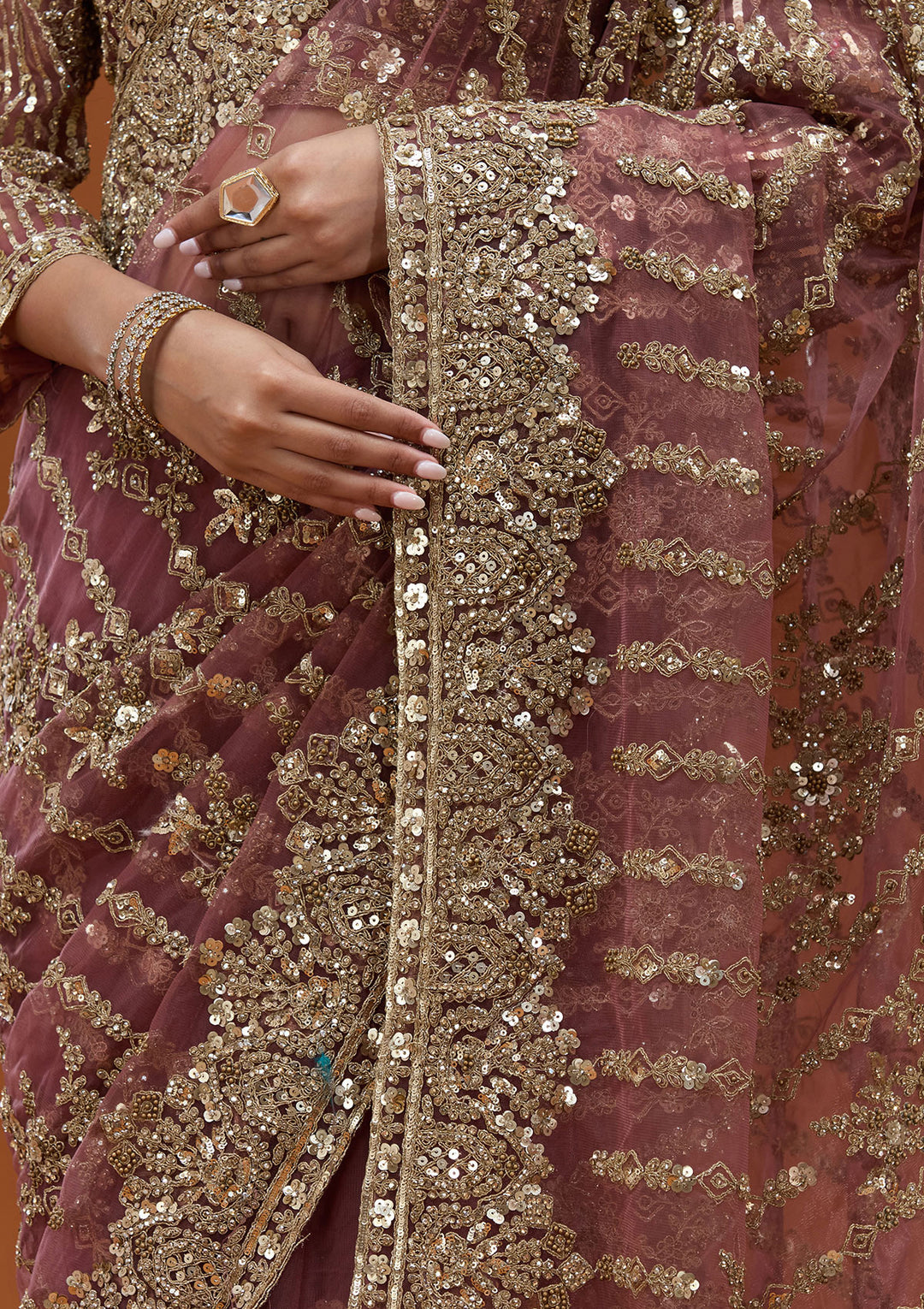 Onion Pink Cording Net Saree