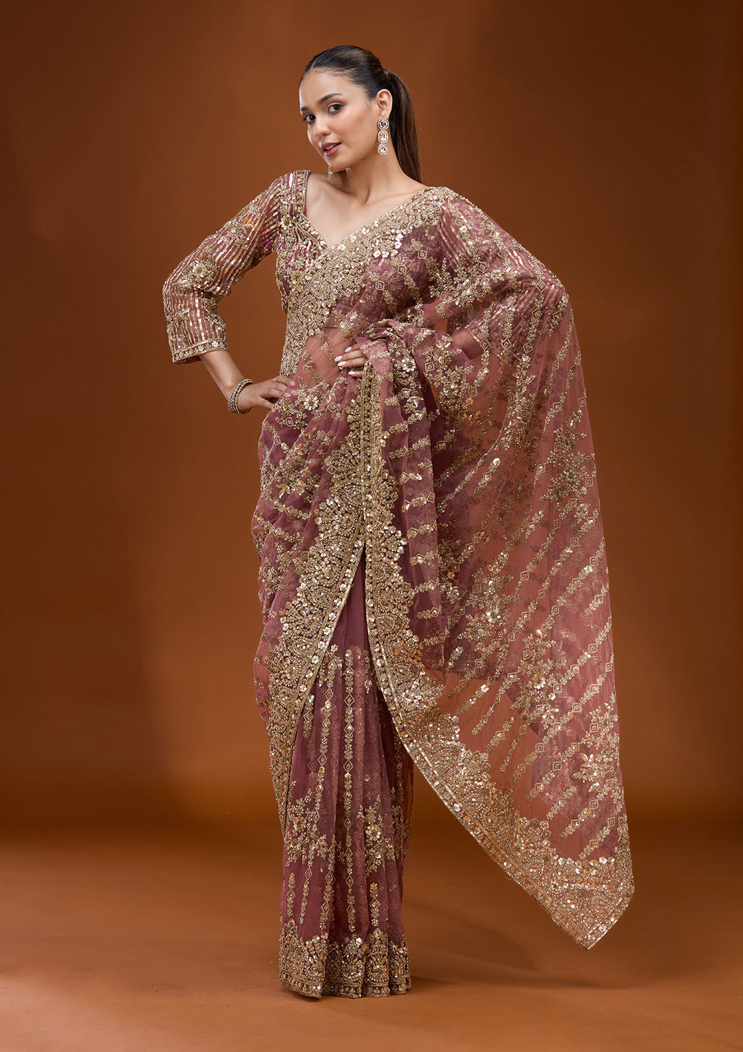 Onion Pink Cording Net Saree