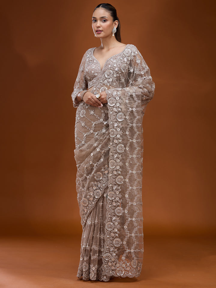 Beige Cording Net Saree
