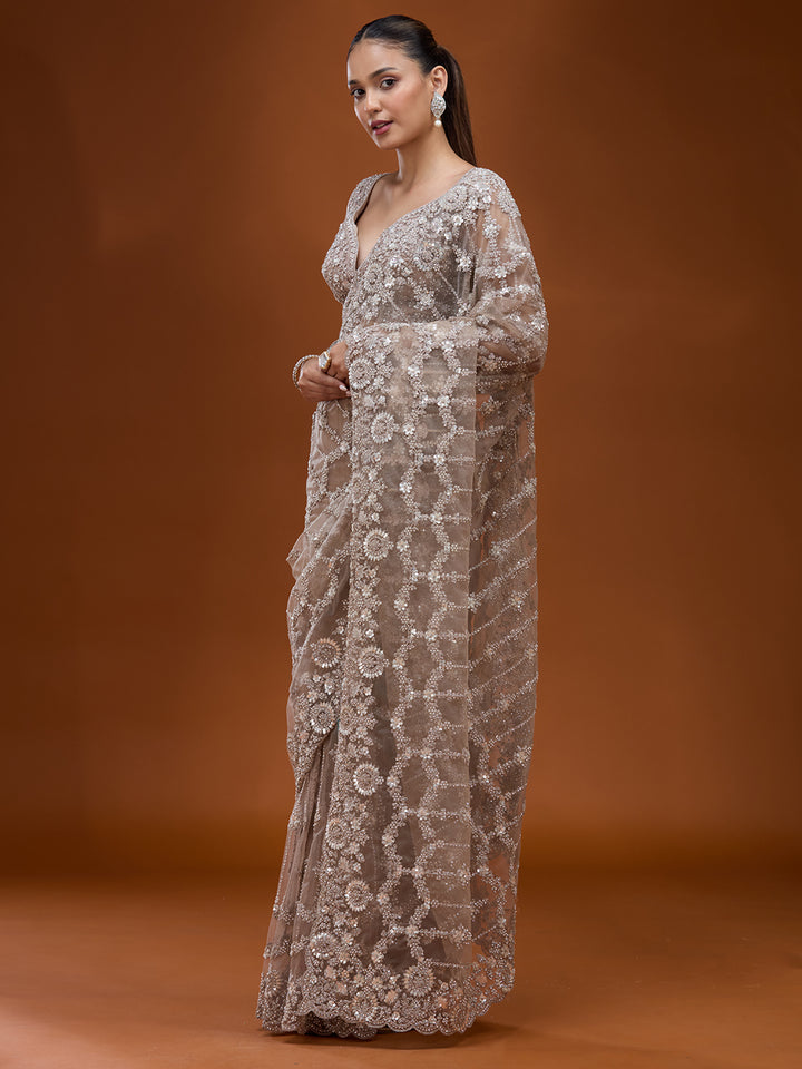 Beige Cording Net Saree