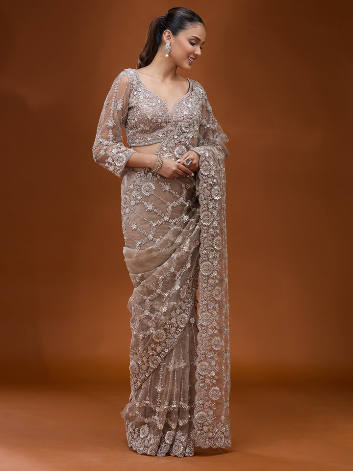 Beige Cording Net Saree