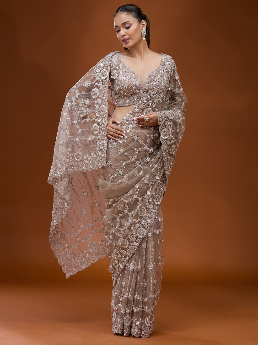 Beige Cording Net Saree