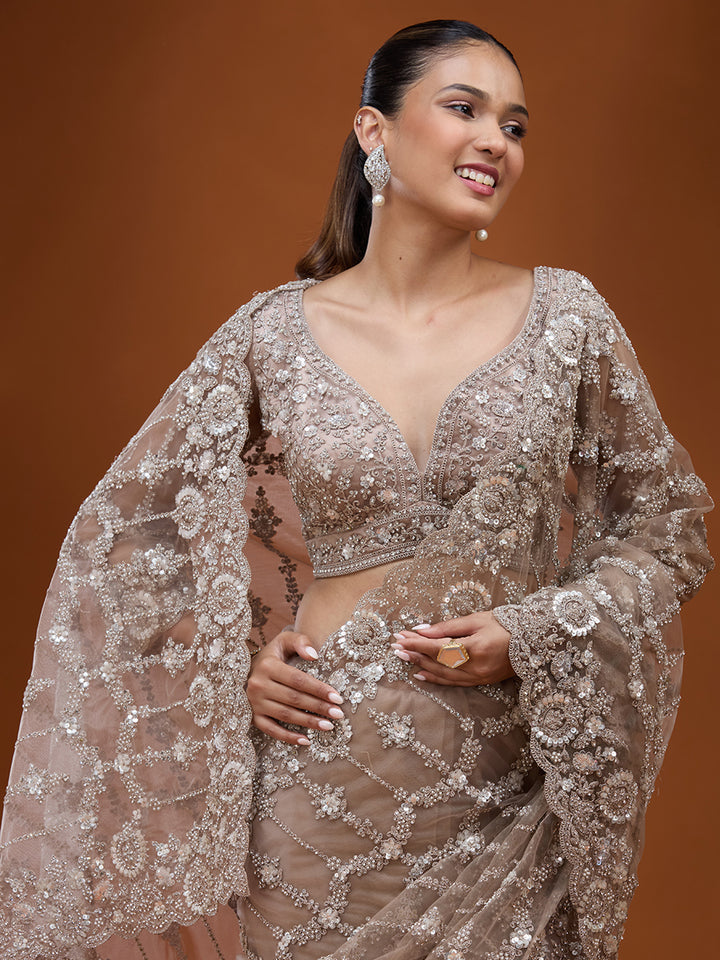 Beige Cording Net Saree