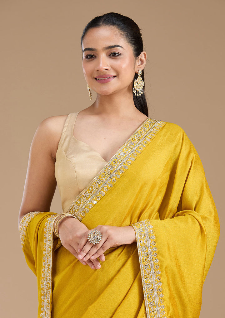 Mustard Zariwork (Gold) Soft Raw Silk Saree
