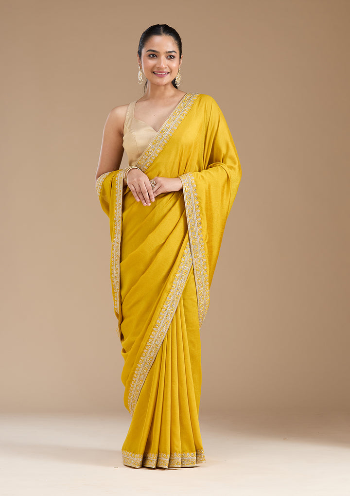 Mustard Zariwork (Gold) Soft Raw Silk Saree