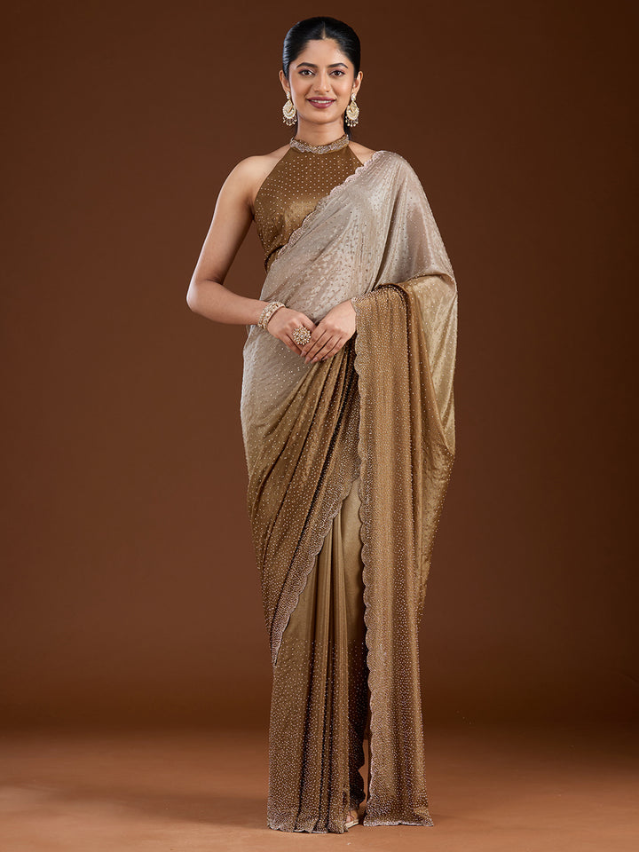 Light Grey Stonework (Gold) Satin Saree