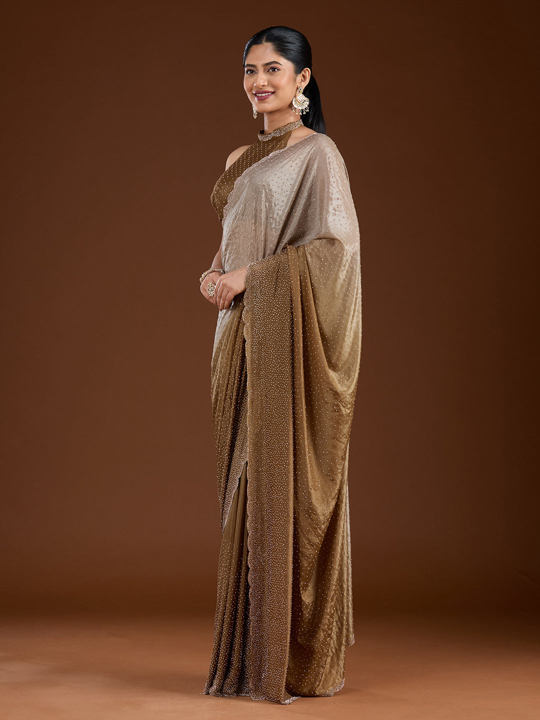 Light Grey Stonework (Gold) Satin Saree