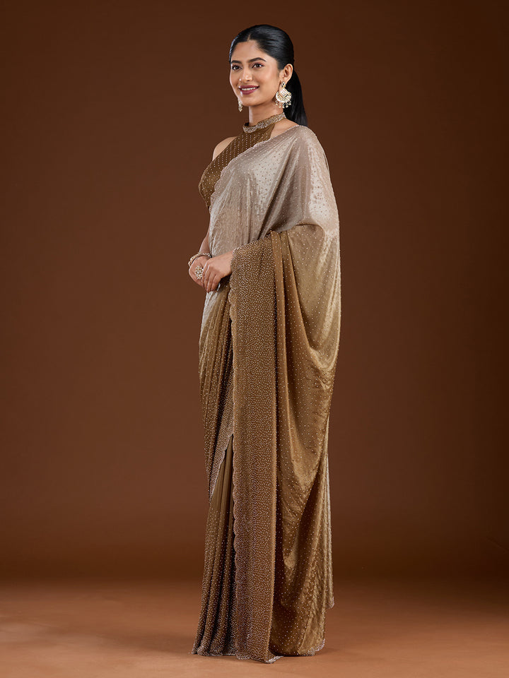 Light Grey Stonework (Gold) Satin Saree