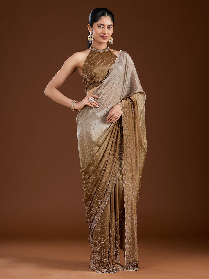 Light Grey Stonework (Gold) Satin Saree