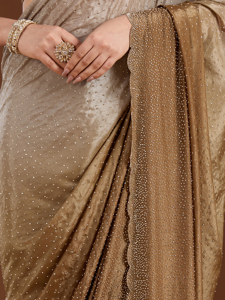 Light Grey Stonework (Gold) Satin Saree
