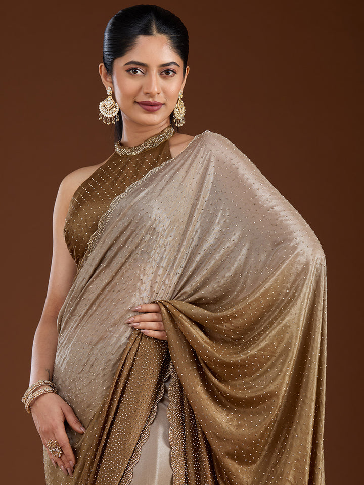 Light Grey Stonework (Gold) Satin Saree