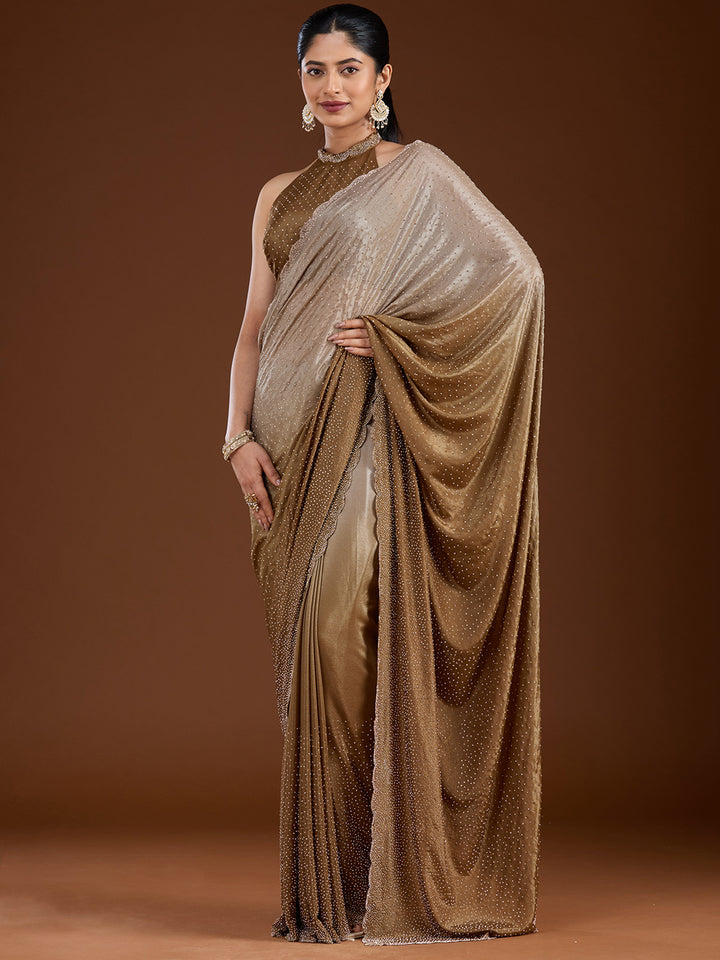 Light Grey Stonework (Gold) Satin Saree
