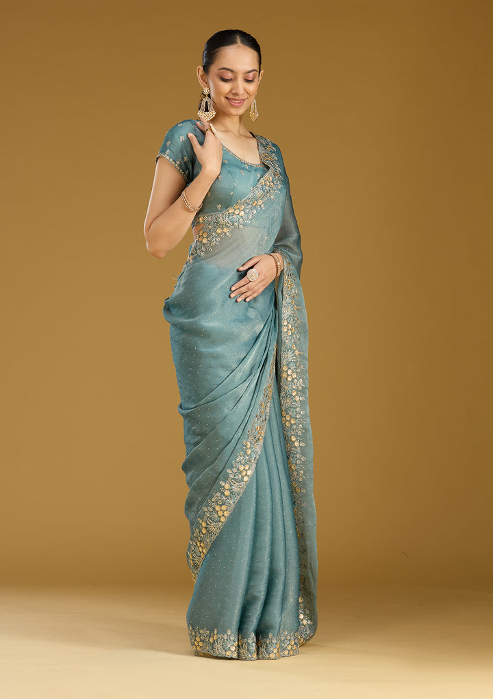 Blue Zariwork (Gold) Tissue Saree