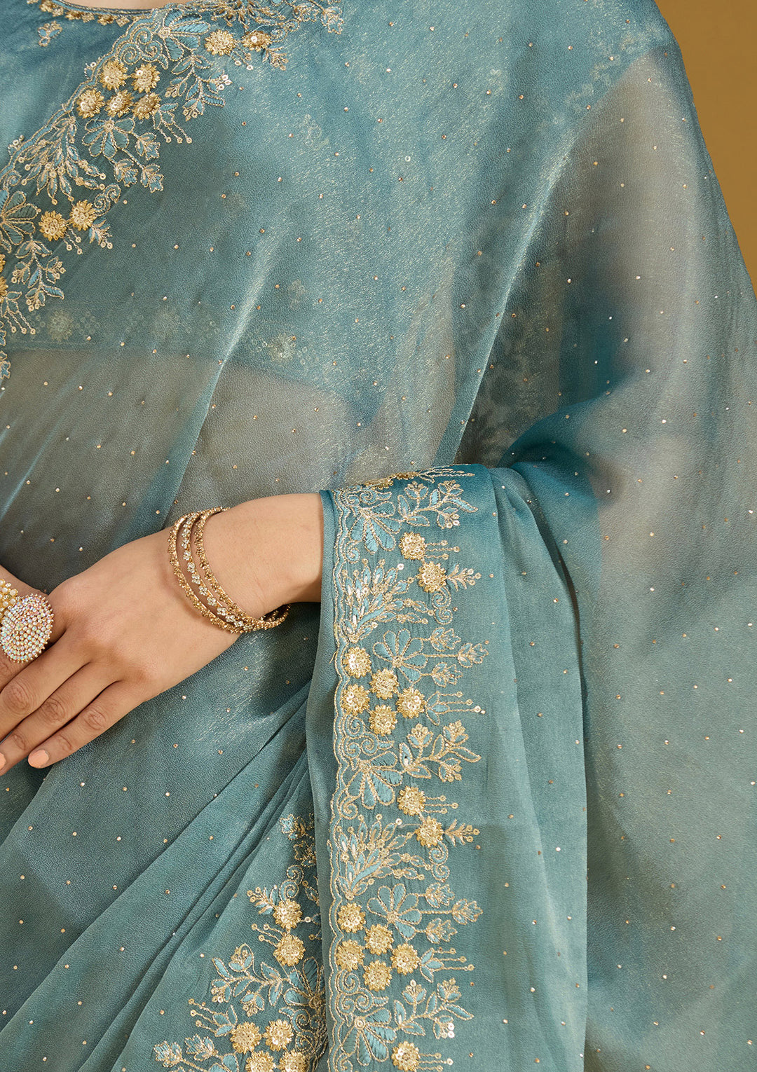 Blue Zariwork (Gold) Tissue Saree