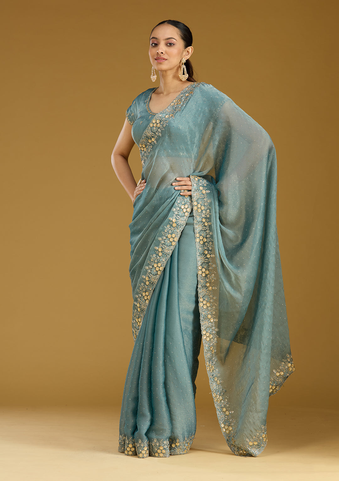Blue Zariwork (Gold) Tissue Saree