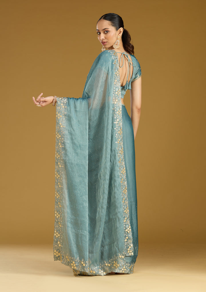 Blue Zariwork (Gold) Tissue Saree